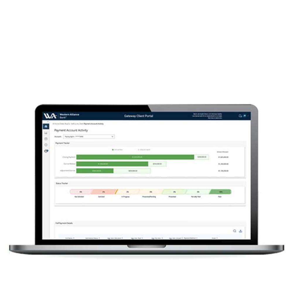 The Western Alliance Bank business escrow payment account activity dashboard